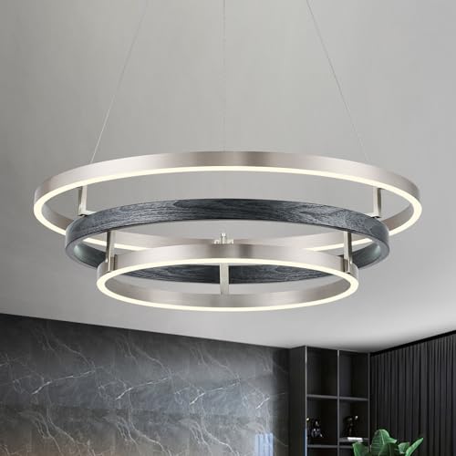 Modern LED Chandelier Black Wood Dimmable 3 Ring Brushed Nickel Chandeliers