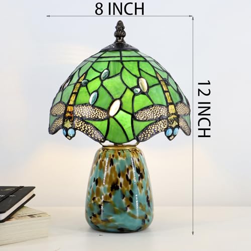 Tiffany Mushroom Table Lamp Dragonfly Style Green Stained Glass Accent Lamp Brown Blue Glass Base 8X8X12 Inch
