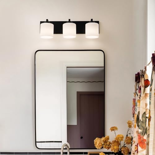 3 Light Black Bathroom Vanity Light with White Glass Shades