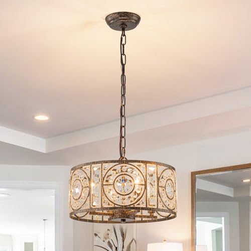Bronze Vintage Crystal Chandeliers for Dining Room 14.17" Drum Pendant Lights