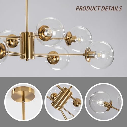 8 Light Modern Brass Gold Sputnik Chandelier with Clear Glass Globe