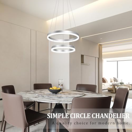 Modern Nickel Led Chandelier 2 Rings Dimmable LED Chandeliers with Remote Control Light Fixture for Kitchen Island Height Adjustable Chandelier Led Pendant Light for Living Room Dining Room