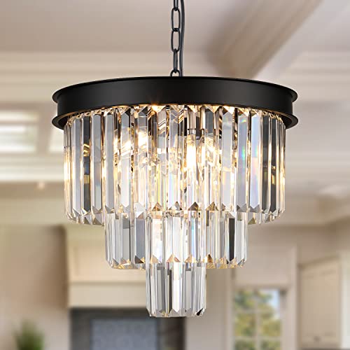 Small Black Crystal Chandelier 16” Modern Dining Room Pendant Light island