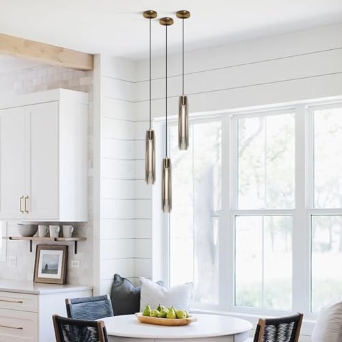 Lighting Smokey Crystal Pendant Light Antique Brass Gold Hanging Light Fixture Mid Century Modern Long Tube Pendant Light for Kitchen Island Dining Room Bedroom