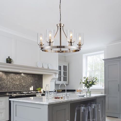 6 Light Modern Dining Room Light Fixture Brushed Nickel Kitchen Chandelier Ceiling Hanging Pendant Lighting with Glass Shade for Living Room Bedroom Entryway Adjustable Height Metal E26