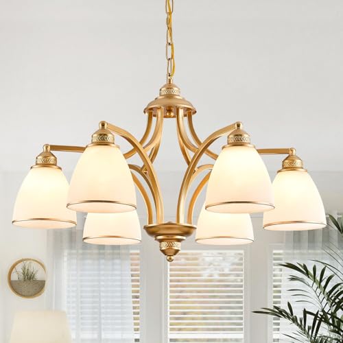 6 Light Modern Gold Chandelier with Frosted Glass Lampshade Height Adjustable Max 47" Hanging Ceilling Light for Dining Room Entryway Hallway Kitchen Foyer
