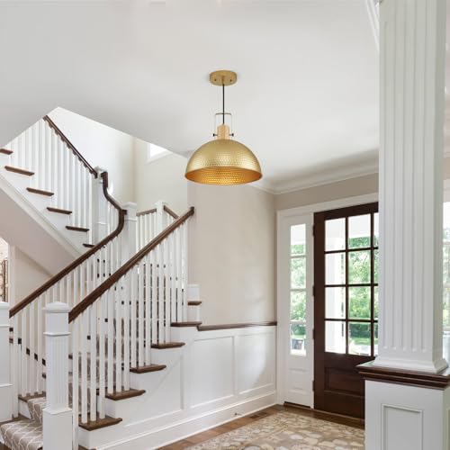 16 Inch Gold Pendant Lights Hammered Matte Pendant Lights for Kitchen Island Industrial Farmhouse Adjustable Height Dome Hanging Light Fixtures for Barn (2 Count)