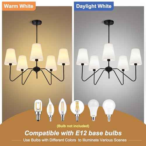 5-Light Modern Chandeliers, 30" Black Farmhouse Light Fixture | Linen Beige Fabric Shade, Adjustable Hanging Lights for Living Room, Bedroom, Hallway, Entryway, Kitchen Island, E12