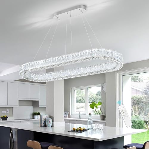 Modern Oval Crystal Chandelier for Dining Room Dimmable LED Chandeliers Rectangular Pendant Light Fixture with Remote for Living Room Kitchen Island Silver