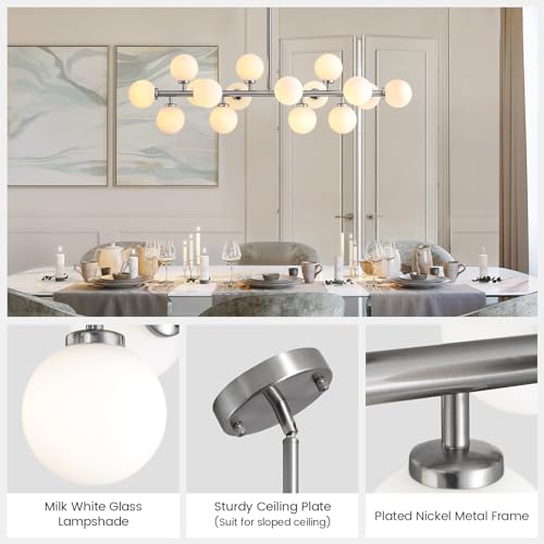39'' Brushed Nickel and Milky White Mid Century Modern Pendant Lights Dimmable Glass Globe Sputnik Chandelier 16 Lights Linear Chandelier Light Fixtures for Kitchen Island Dining Room