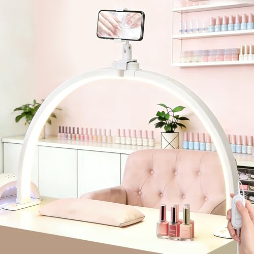 Half Moon Light for Nail Desk with Phone Holder 29" Foldable LED Nail Tech Light 3 Color Modes & 10 Brightness Half Moon Lamp for Manicure Table