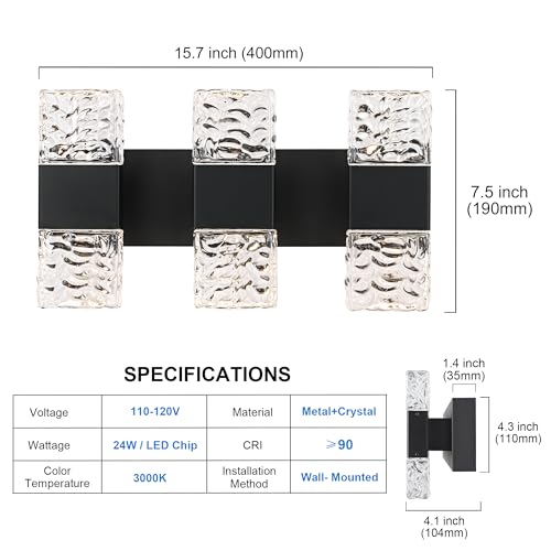 3 Lights Black Modern LED Bathroom Lights Over Mirror 24W