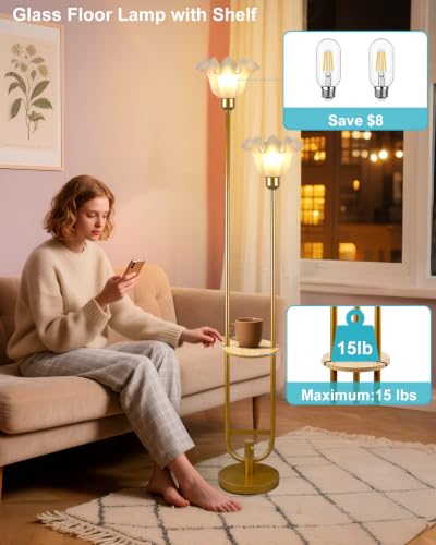 Dimmable Flower Floor Lamp for Living Room Modern Mid Century Floor Lamp with Table Gold Tall Standing Lamp for Bedroom (3 Count)