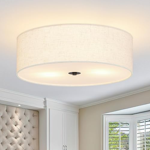 16 Inch 3 Light Drum Modern Black Ceiling Light Fixture Flush Mount Ceiling Light Fixture Dimmable Close to Ceiling Light Fixture with Fabric Shade for Living Room Hallway Entryway Bedroom