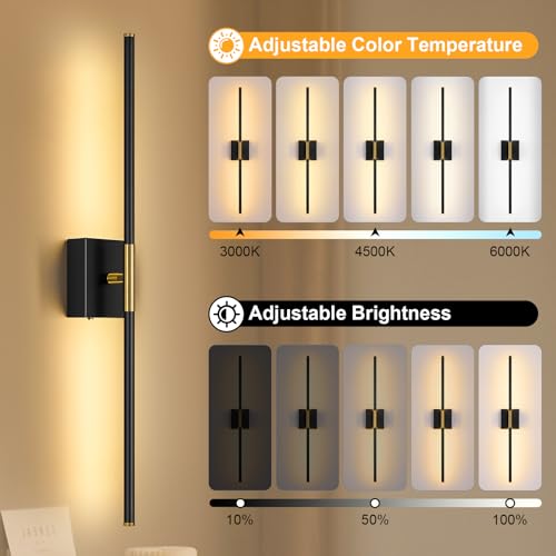 Wall Sconces Set of Two with Remote Control 29.1 in Dimmable Black Gold Battery Operated Wall Lights 350° Ratation 3000K (2 Count)