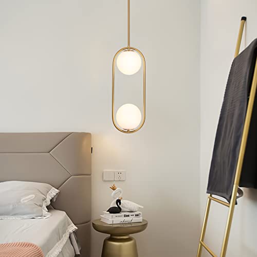 2 Lights Gold Pendant Lighting Milky Glass Globe Shade Hanging Light