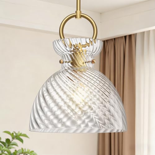 Gold Pendant Light Kitchen Island with 9.84'' Striped Glass Shade