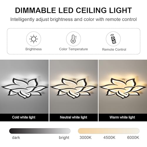 31.5" Black Flower Shaped Ceiling Light 10 Petals Dimmable Modern Ceiling Lamp Remote Control LED Lighting Fixture for Living Room Bedroom Dining Room