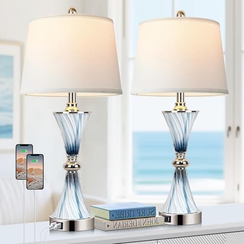 3 Way Dimmable Touch Glass Table Lamps for Bedrooms with 2 USB Ports Set of 2 Coastal Beach Bedside Lamps for Contemporary Modern Night Stand Lamps with 2 LED Bulbs for Lighting Decor (2 Count)