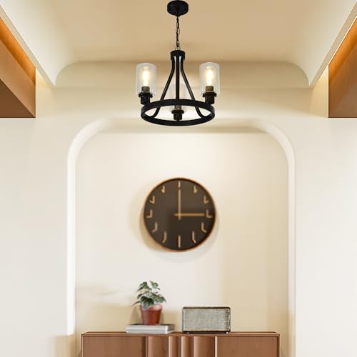 Black Farmhouse Chandelier Lighting Round 3 Lights with Glass Shade Ceiling Hanging Vintage Rustic Light Fixture for Dining Room Living Room Foyer Porch Kitchen Island