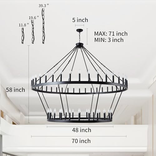Rustic Farmhouse Wagon Wheel Chandelier Black Large Chandeliers for High Ceilings 2 Tier 64Lights 70 Inch for Dining Room Living Room Foyer Porch Kitchen Island