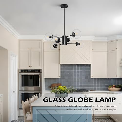 6 Light Globe Sputnik Chandelier Modern Black Sputnik Chandelier Mid Century Pendant Light Matte Black Finished with Clear Globe Glass Lampshade Chandeliers for Dining Room Kitchen