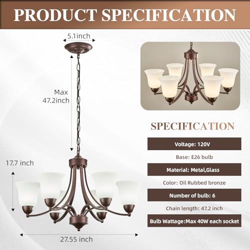 6 Light Oil Rubbed Bronze Dining Room Light Fixture Farmhouse Modern Chandelier Pendant Light Bronze 47.2''Adjustable Ceiling Hanging Lighting with Frosted Glass for Kitchen Island Living Room Foyer