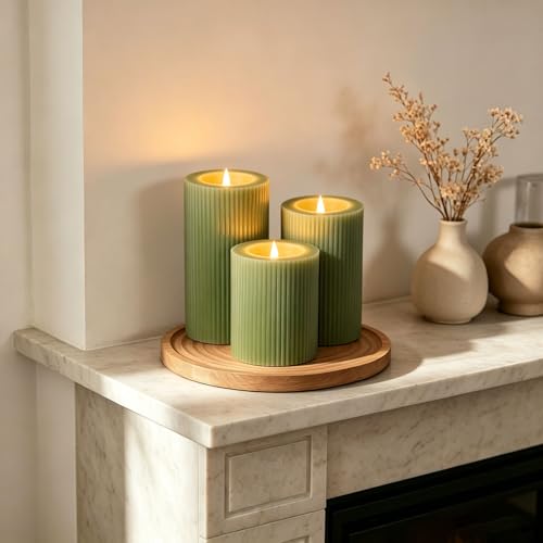 Olive Green Ribbed Moving Flame LED Pillar Candles with Remote (Olive Green)