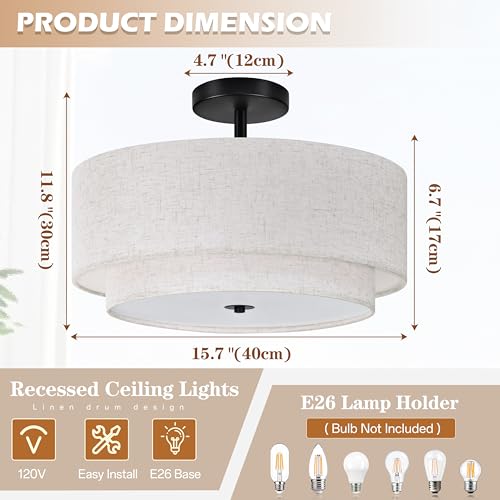 16 Inch 3 Light Semi Flush Mount Ceiling Light Fixture Modern 2 Pack Black Drum Ceiling Light Fixture with 2 (2 Count)