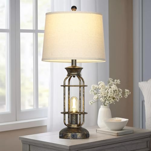 28" Tall Farmhouse Table Lamp with USB C+A Charging Ports & AC Outlet