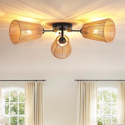 3 Light Rattan Boho Ceiling Light Adjustable Farmhouse Fixture (1 Pack 3-Light)