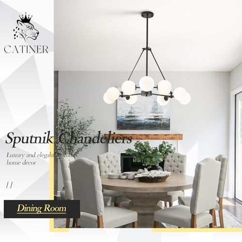 Modern 40" 9 Light Black Sputnik Chandelier with Milk Glass Globe