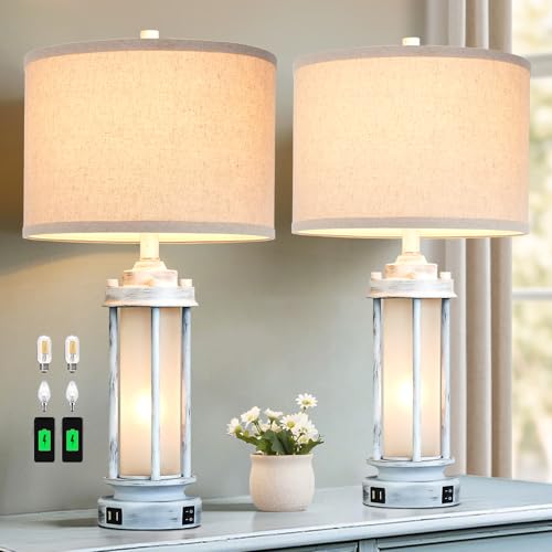 25" Set of 2 Antique White Rustic Table Lamps 2 USB C+A Ports (2 Count)
