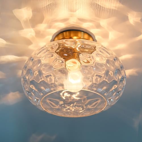 Brass Gold Semi Flush Mount Ceiling Fixture 11" Clear Hammered Glass Shade Modern Close to Ceiling Lighting 1