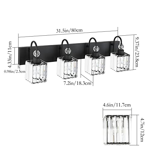 Matte Black Crystal Vanity Light 4 Light Modern Crystal Bathroom Lighting Fixtures Over Mirror