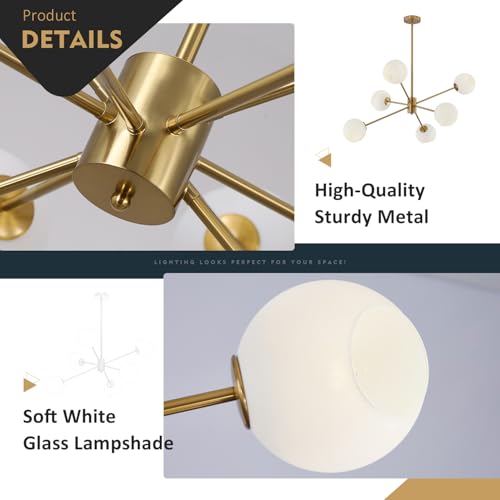 6 Lights Modern Sputnik Chandeliers Globe Light Fixture Farmhouse Milk Glass Pendant Lights Kitchen Island Gold and White Sputnik Hanging Light Vintage Brushed Brass Ball Chandelier