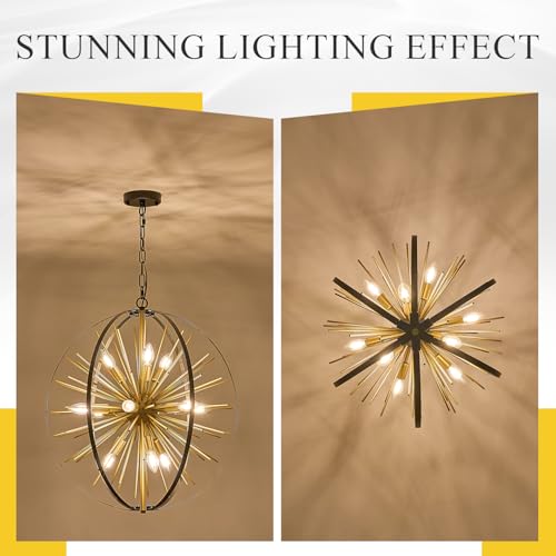 24" 12 Light Black Gold Sputnik Chandelier Modern Hanging Light