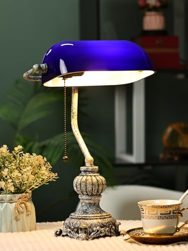 Retro Blue Glass Bankers Desk Lamp