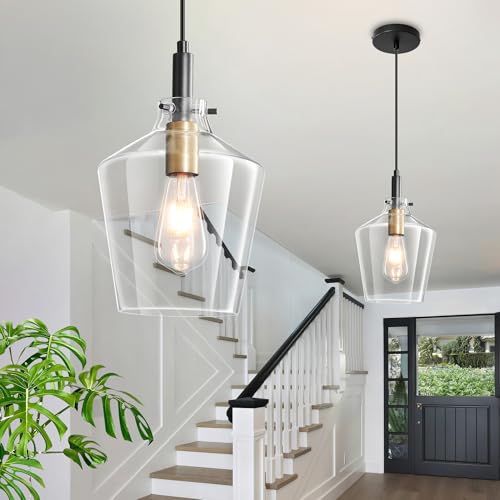 Glass Pendant Lighting for Kitchen Island 2 Pack Black Gold Clear 8 Inch (2 Count)