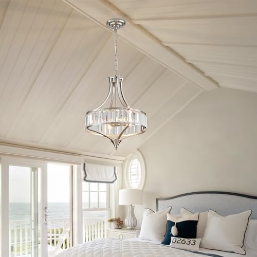 Crystal Chandeliers for Dining Room 15.7" Round Rustic Farmhouse Hanging Pendant Lighting Fixture Modern Brushed Nickel Chandelier Metal Shade 4