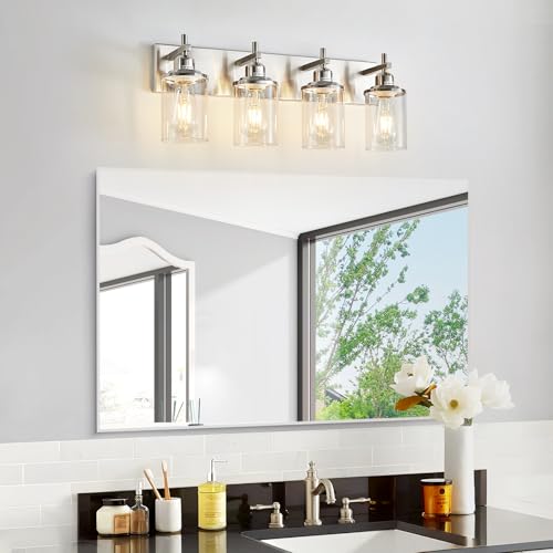 4 Light Brushed Nickel Bathroom Light Fixture Over Mirror Modern Bathroom Vanity Light Vintage Wall Lighting with Clear Glass Shade for Bathroom