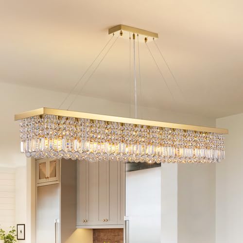 Rectangle K9 Crystal Chandelier Modern Gold Crystal Chandelier Rectangular Pendant Lighting Fixture for Dining Room Kitchen Island Bedroom L59'' x W10'' x H9''