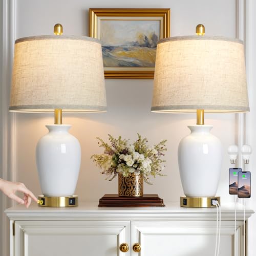 23" Set of 2 White Ceramic Small Table Lamp for Living Room Bedroom (2 Count)
