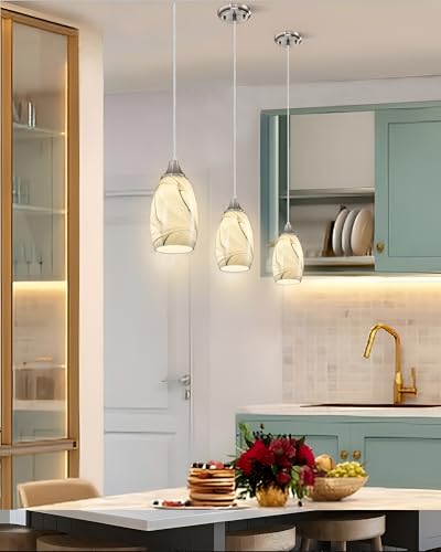 Mini Pendant Lights Kitchen Island Light Brown Glass Lamp Shade Hand Blown Glass Pendant Light with Brush Nickel Finish Adjustable Cord for Kitchen Over Sink