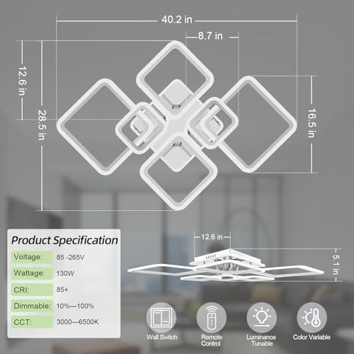 Modern LED Ceiling Lights for Bedroom 36.2'' Dimmable Square 6+1 Rings Ceiling Lights for Living Room with Remote Control 130W for Kitchen