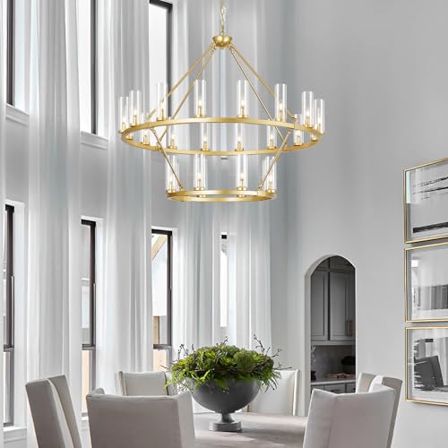 48 Inch Large Gold Wagon Wheel Chandelier with Clear Glass Shade 2 Tier 24