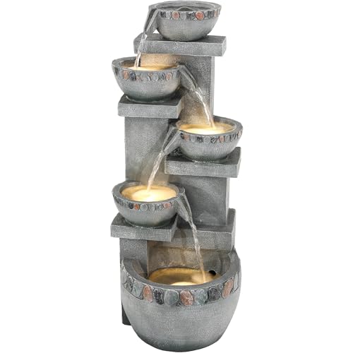 4 Tier Outdoor Water Fountain Outdoor with Pebbles and Warm LED Lights