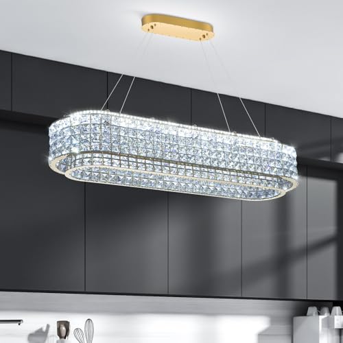 L40 x W12 Modern Chandeliers for Dining Room LED Dimmable Pendant Lighting Ceiling Chandelier Crystal Rectangle Light Fixtures Gold