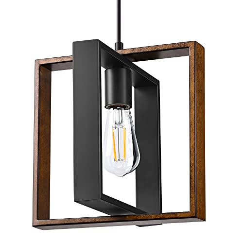 Farmhouse Pendant Light Wood Grain Finish Black Adjustable