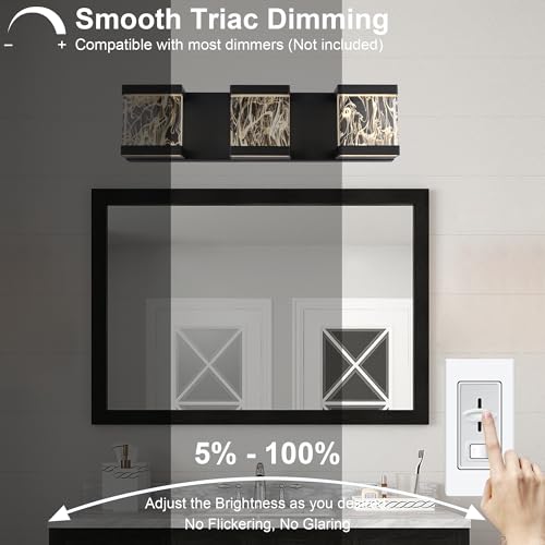 Modern LED Bathroom Lights Over Mirror 15W 3 Lights LED Vanity Light Bar with Unique Smoke Acrylic Panel Black Bathroom Wall Light Fixtures for Bath Powder Room